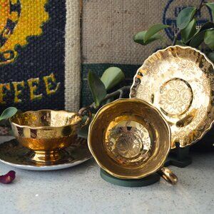 Old Foley "Gold Brocade" Teacups & Saucers – Set of 2